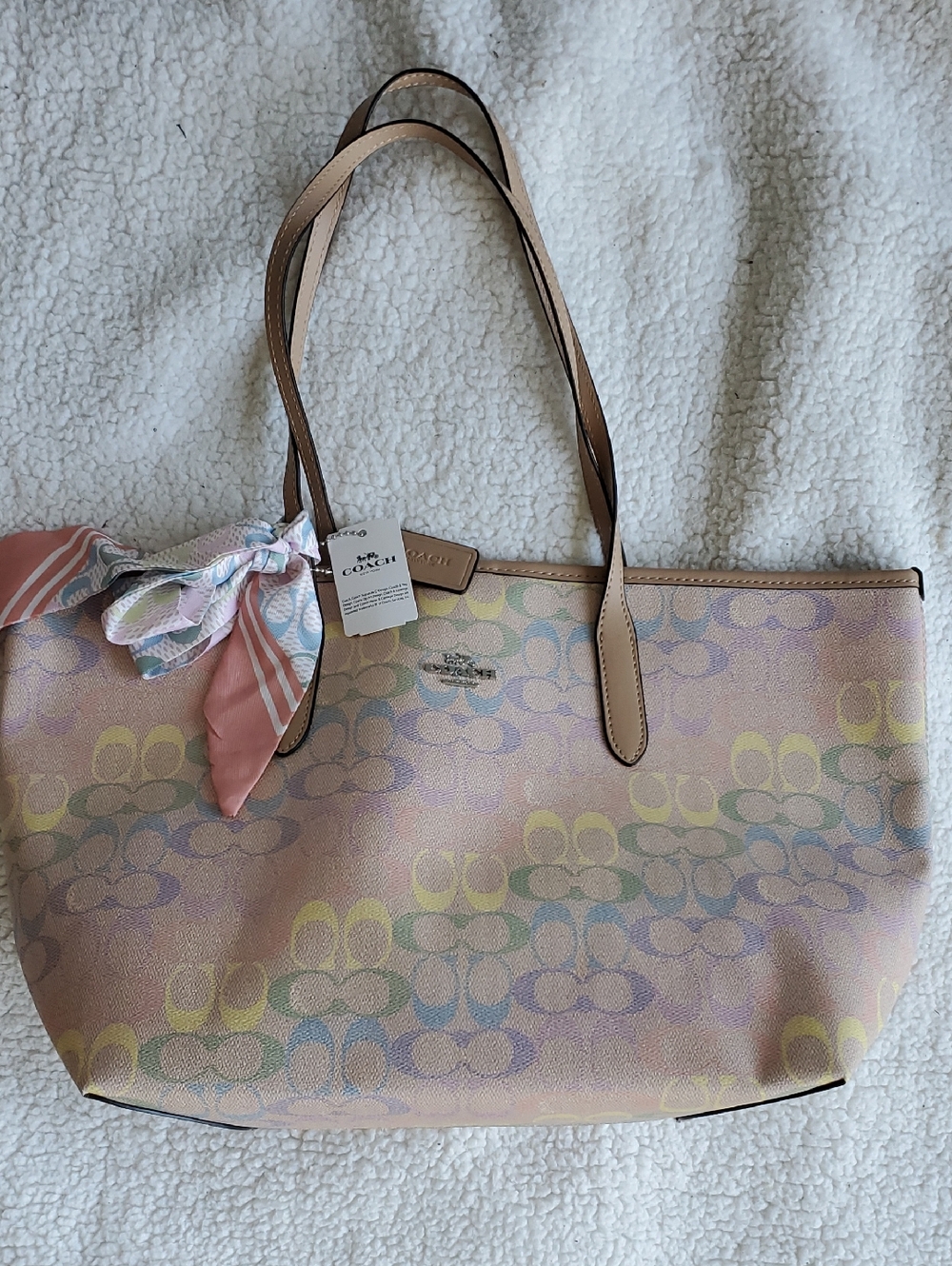 Coach Pastel Pink Signature Canvas Tote with Scarf Accent